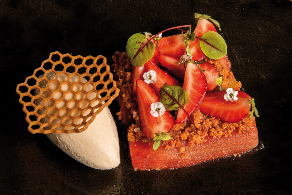 Crumble de fraises et rhubarbe et crème glacée vanille